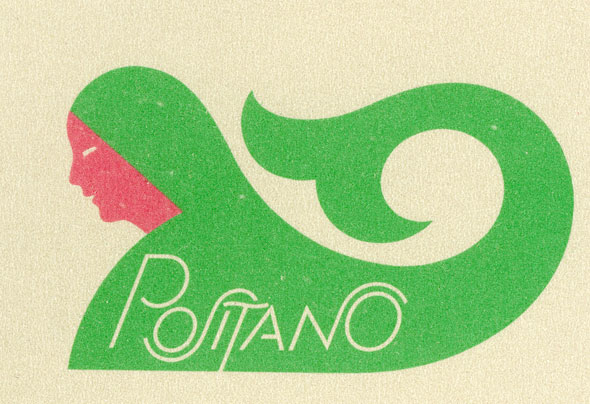 An Illustration for a menu. The illustration is a line-less flare color side-view print of a woman. The woman is smiling and has pink skin, the rest of her torso and long hair is bright green. Her hair is long and flows upward in a small spiral. Within her torso and hair is "Positano" in thin white unique lettering. The lettering has the S and N in "Positano" curve on top of the letters next to it. 