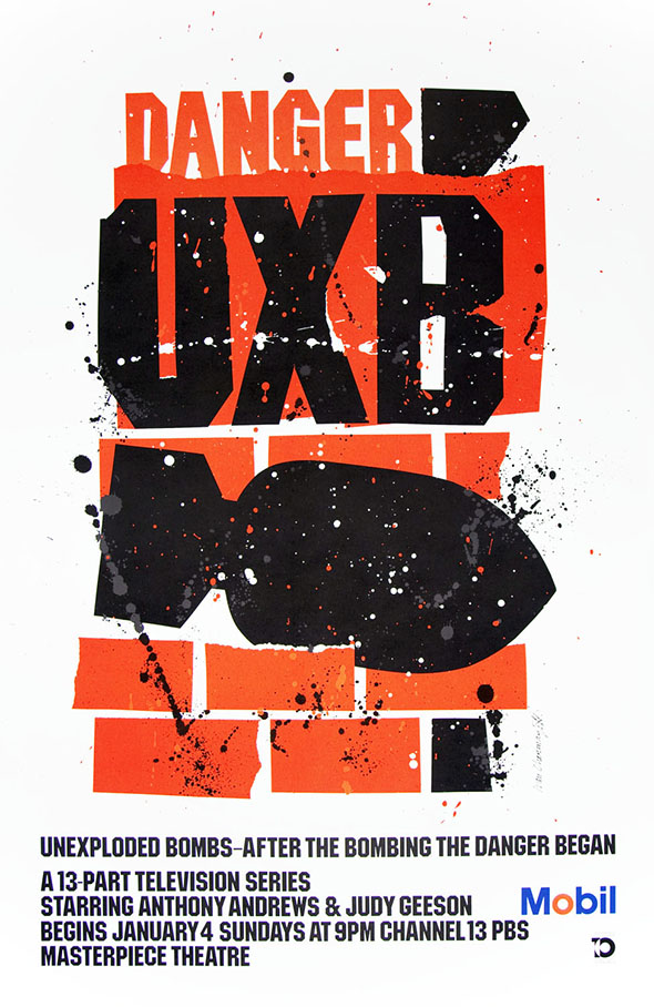 Mobil Masterpiece Theatre poster, "Unexploded Bombs", with a print of a bomb over bricks, and the text "Danger UXB".