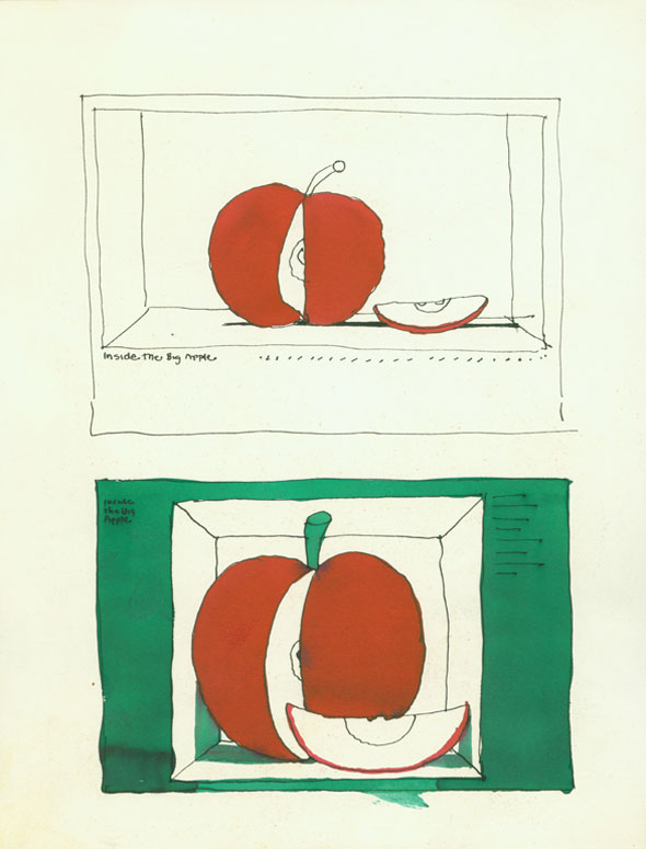 Color studies of a drawing of an apple with a slice cut out of it