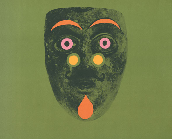 Green photograph of a mask; colorful shapes are painted over it